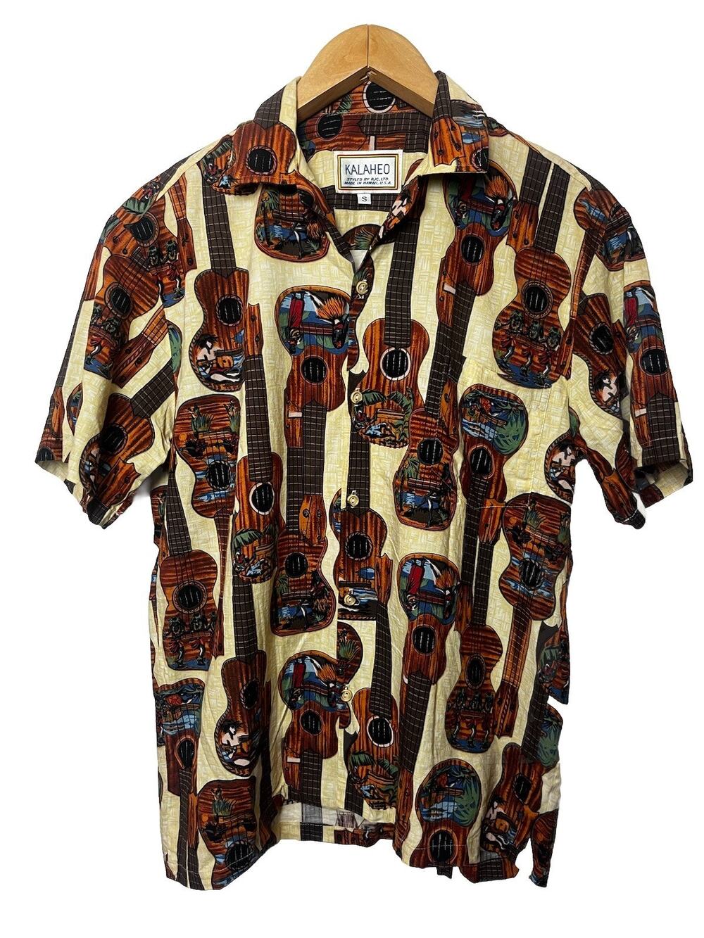 Vintage Kalaheo RJC Ltd Ukulele Hawaiian Shirt Men's Sz Small Tropical Retro